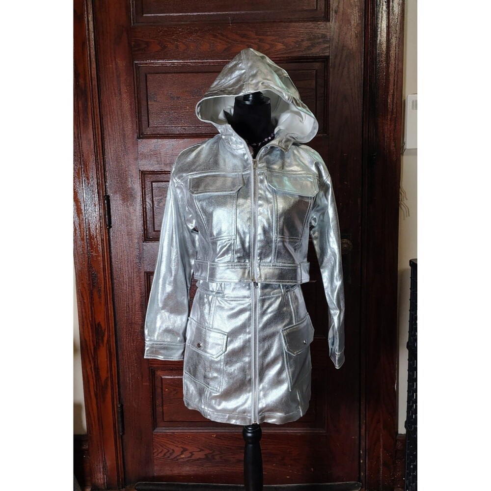 Festival Wear 2pc Metallic Silver Mini Skirt Cropped Jacket Glam Wmns Sz S Nwts